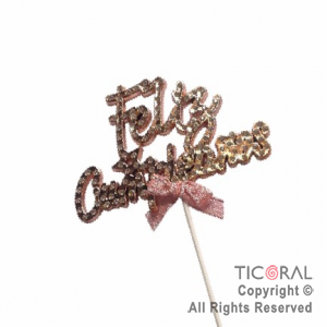 CAKE TOPPER FELIZ CUMPLEA�OS CON STRASS ROSA GOLD X 1
